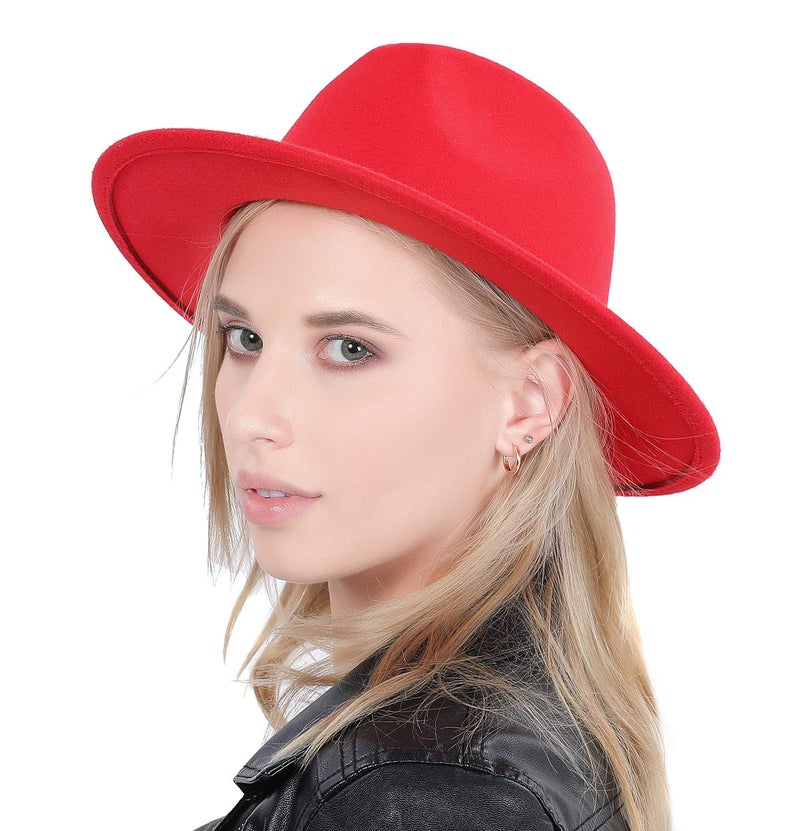 Lanzom Women Lady Retro Wide Brim Floppy Panama Hat Belt Buckle Wool Fedora Hat Fit Size 6 8/7-7 1/4 (Z Belt-Red, One Size) - Image 4